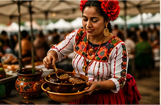 Cocinera tradicional sirviendo mole